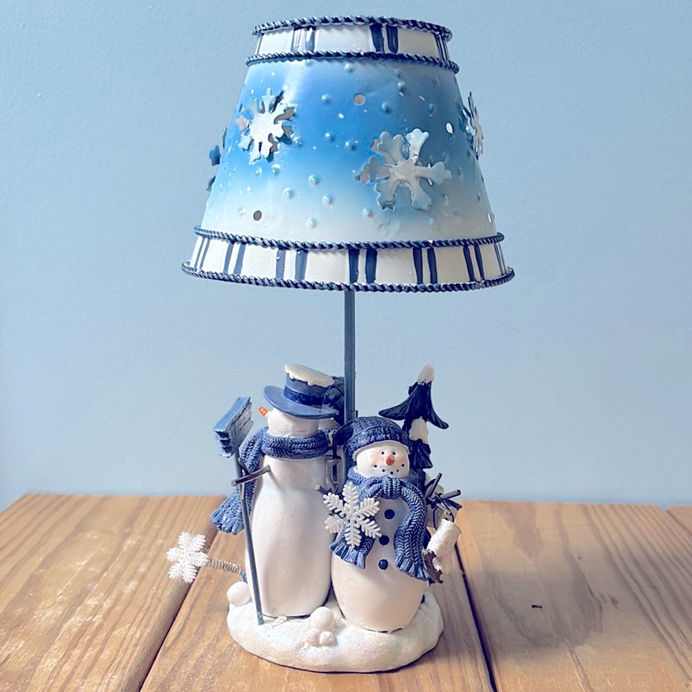 Vintage Kohl's "Let It Snow" Snowman Themed Tower Candle Holder with Blue Shade